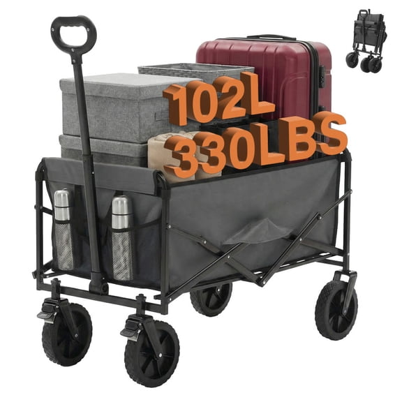 Gianna Collapsible Folding Wagon, Heavy Large Capacity Garden Wagon, Big Bucket Beach Cart with Multi-Terrain Brake Wheels for Outdoor Camping, Shopping, 37" X 21" X 38",Gray