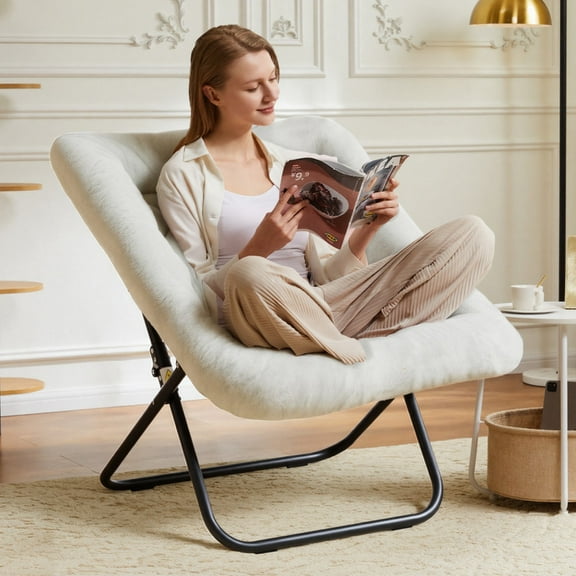 Gianna Comfy Chair for Adults, Soft Faux Fur Folding Lounge for Bedroom Living Room Dorm Rooms Flexible Reading Chair for Teens, Large Size Foldable,Square-White