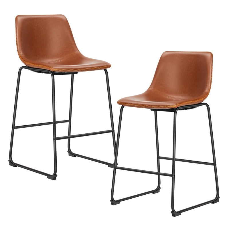Gianna Counter Height Bar Stools Set of 2, Modern Faux Leather High Barstools with Back and Metal Leg, Bar Chairs for Kitchen Island, Brown