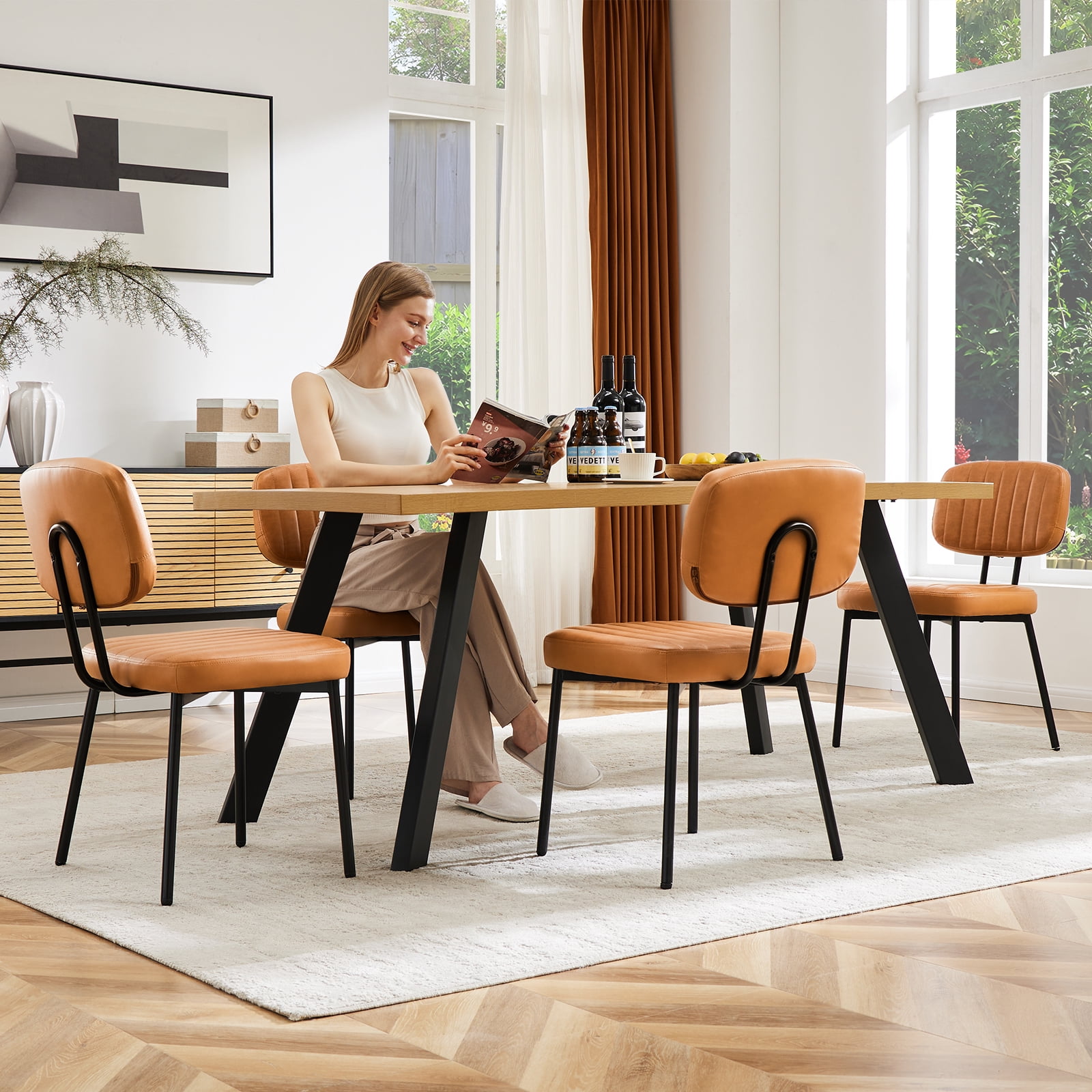 Gianna Dining Chairs Set of 4,Faux Leather Desk Chair with Metal Legs for Kitchen, Living Room, Bedroom,Brown