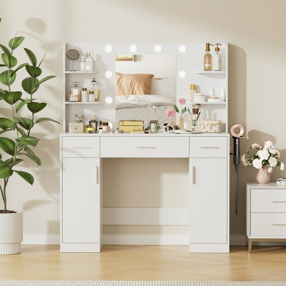 Gianna Modern Dressing Table with Mirror and Adjustable LED Lighting, Drawers and Storage Shelves, White