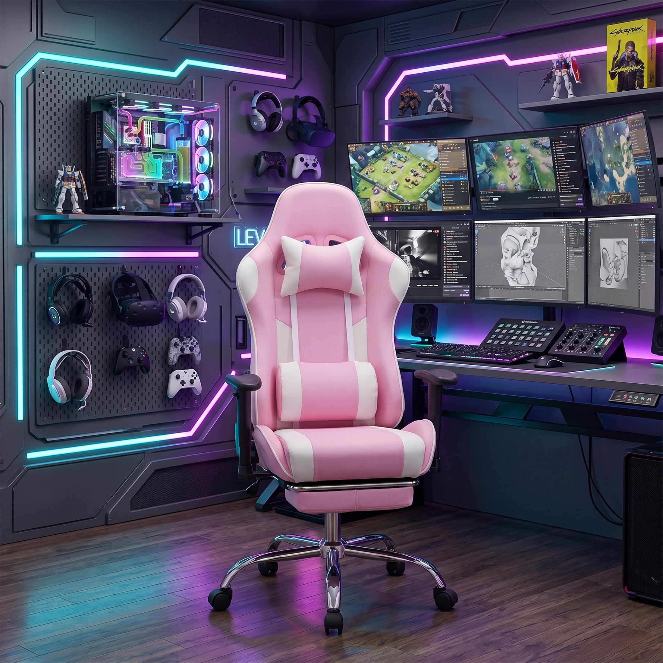 Gianna Ergonomic Gaming Chair, Adjustable Height with 360° Swivel, Flip-Up Armrests, Headrest & Lumbar Cushion Included, Pink