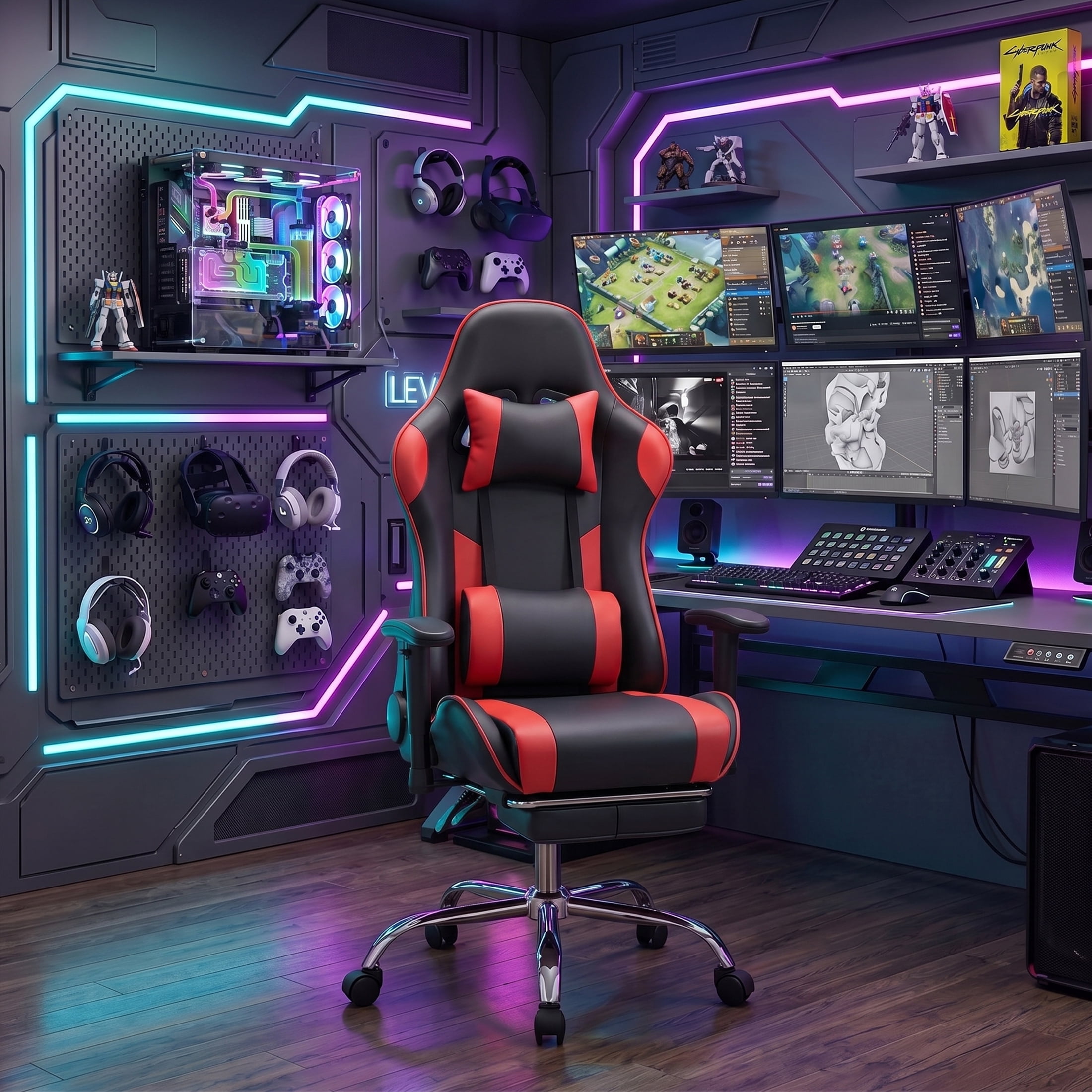 Gianna Ergonomic Gaming Chair, Adjustable Height with 360° Swivel, Flip-Up Armrests, Headrest & Lumbar Cushion Included, Red
