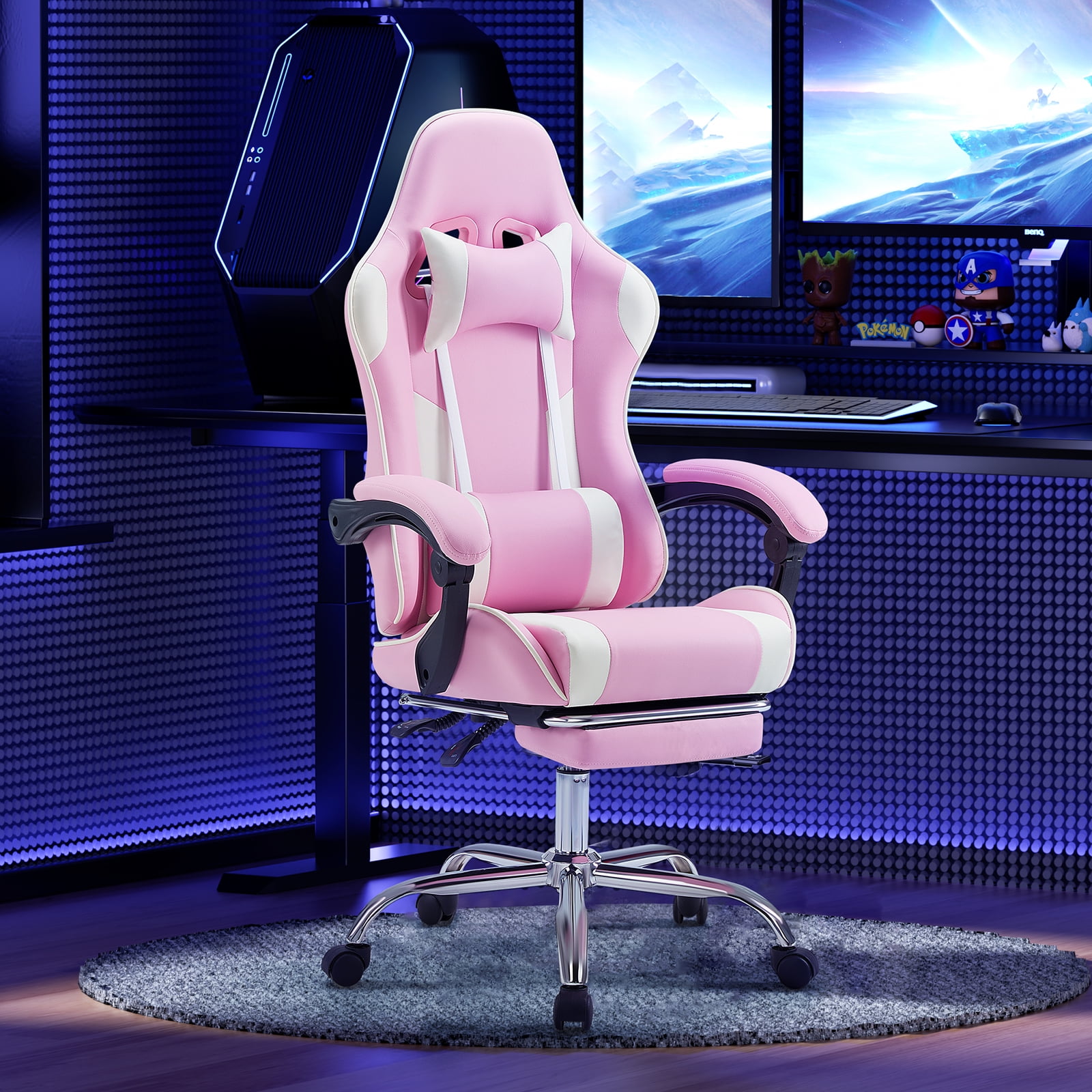 Gianna Ergonomic Gaming Chair With Headrest And Lumbar Pillow,Height Adjustable With 360°-Swivel Seat,Pink