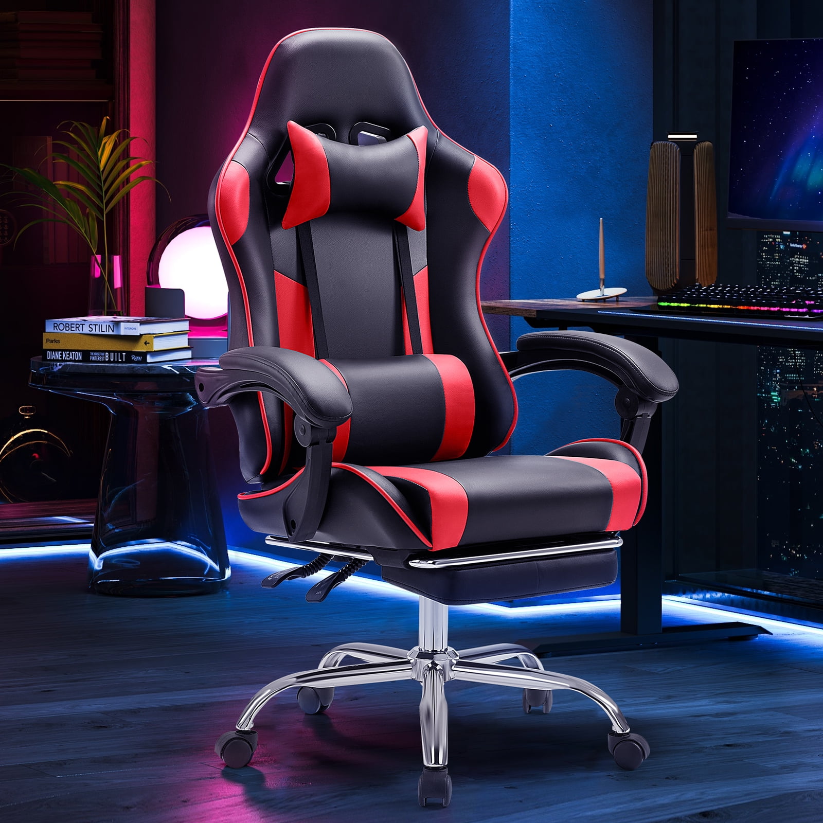JIOABL Ergonomic Gaming Chair With Headrest And Lumbar Pillow,Height Adjustable With 360°-Swivel Seat,Red