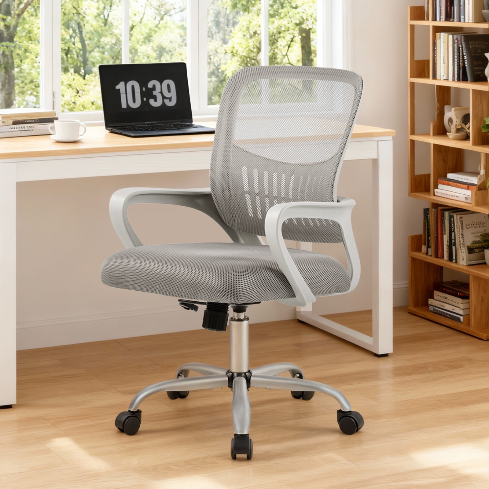 Gianna Ergonomic Mesh Office Chair with Fixed Armrests, Lumbar Support, and Mid-Back Design for Home & Desk Use with Smooth-Rolling Wheels, Gray