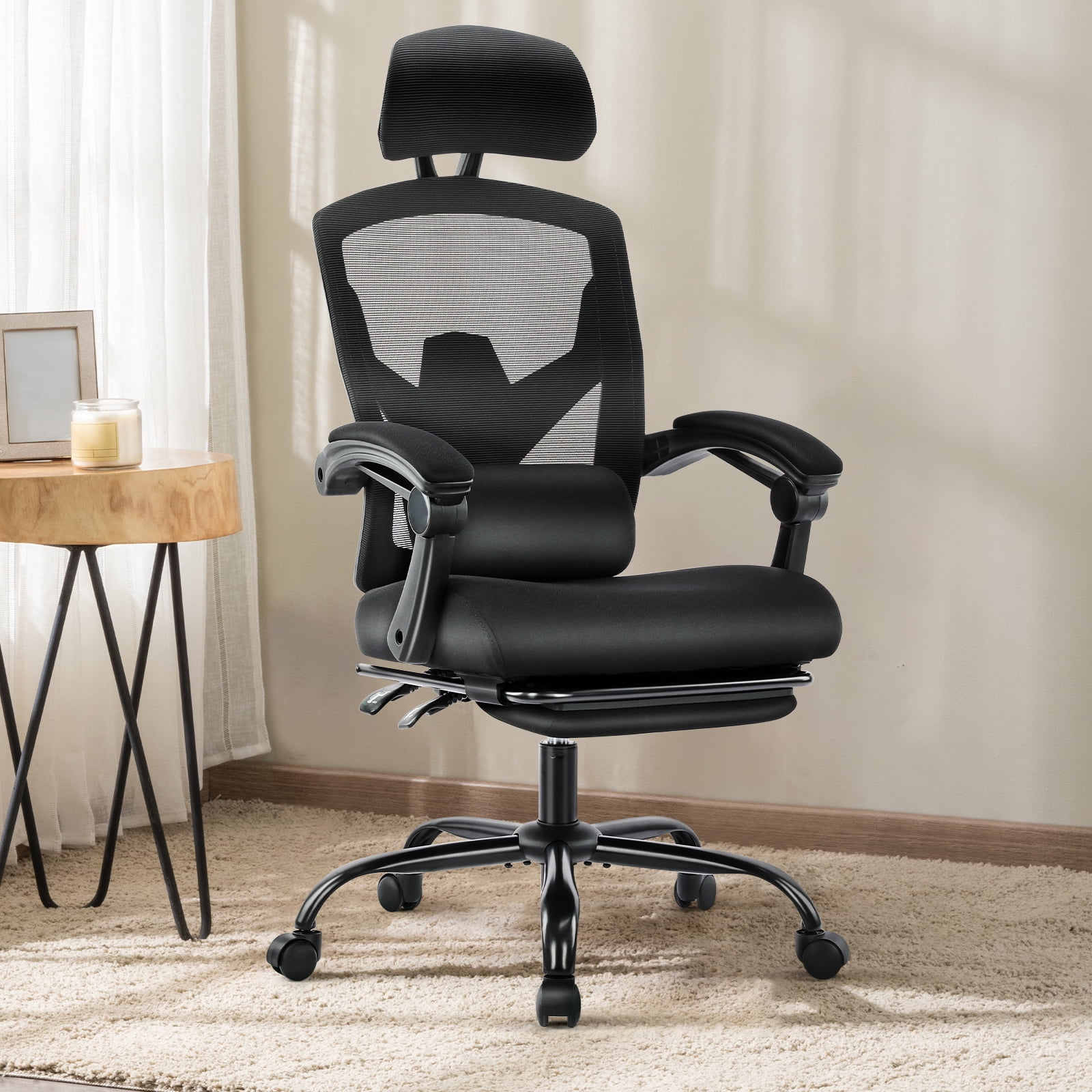 JIOABL Ergonomic Office Chair - High Back Mesh, Reclining with Lumbar Support, Adjustable Headrest, Footrest & Padded Arms, Black