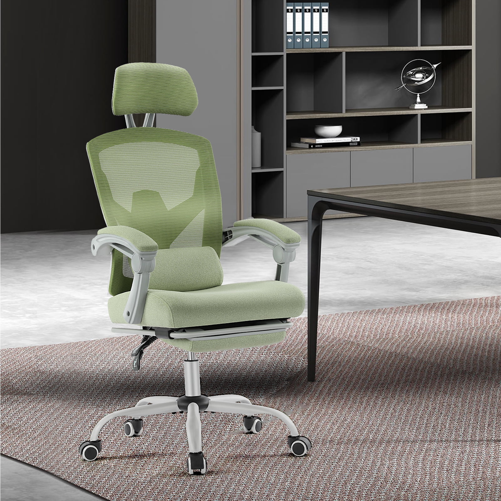 JIOABL Ergonomic Office Chair - High Back Mesh, Reclining with Lumbar Support, Adjustable Headrest, Footrest & Padded Arms, Green