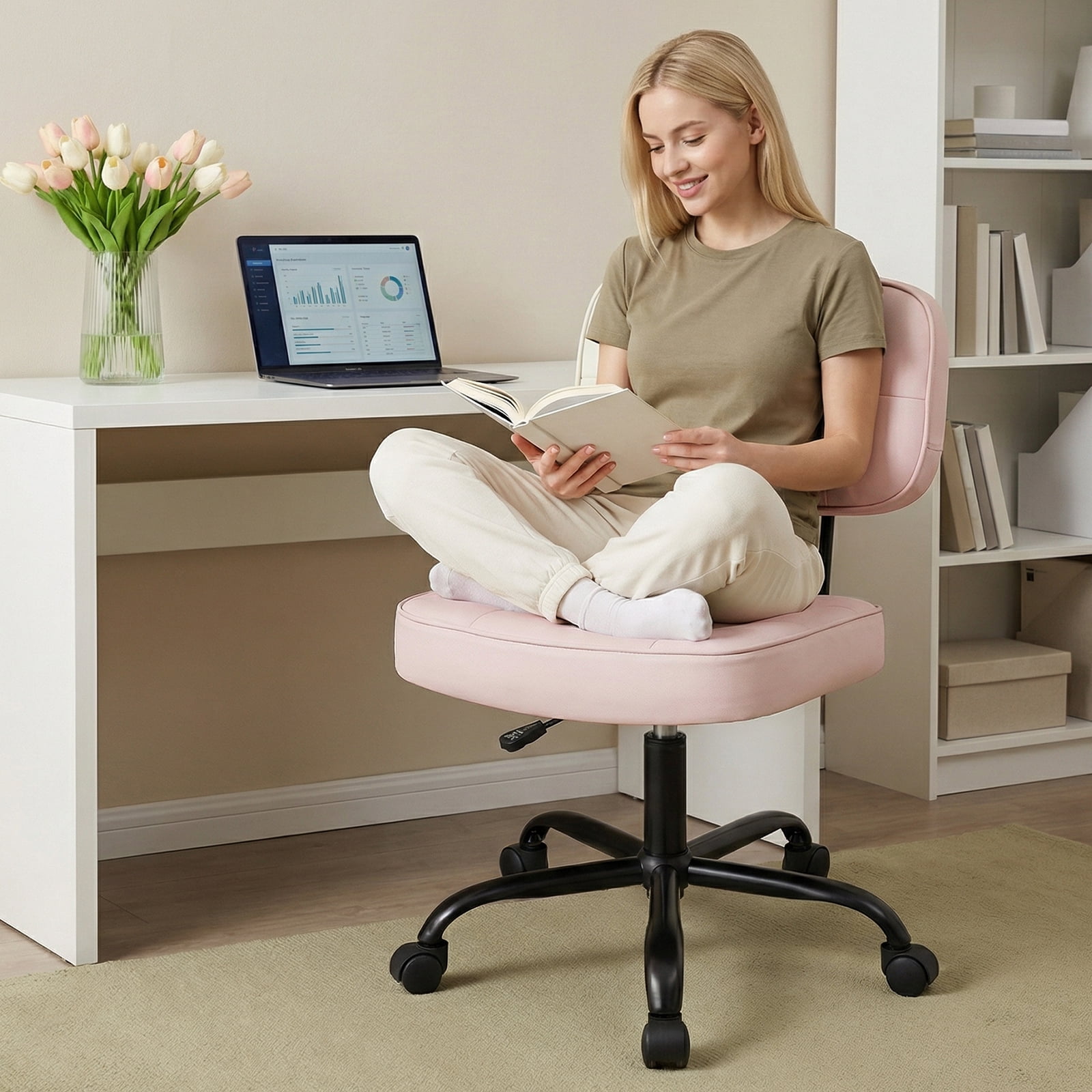 Gianna Ergonomic PU Leather Desk Chair, Armless Rolling Chair with Thickened Cushion for Small Spaces