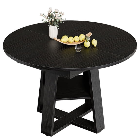 Gianna Extendable Round Dining Table for 4-8, Oval Dinner Table with Storage Shelf, Wood Pedestal Table, Black