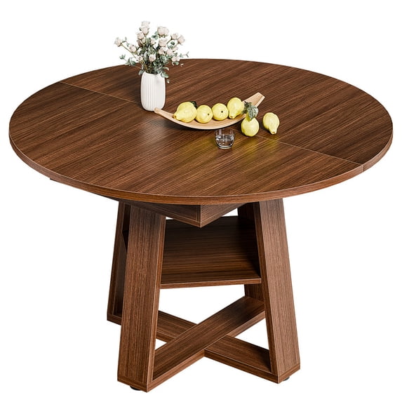 Gianna Extendable Round Dining Table for 4-8, Oval Dinner Table with Storage Shelf, Wood Pedestal Table, Brown