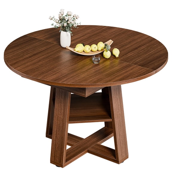 Gianna Extendable Round Dining Table for 4-8, Oval Dinner Table with Storage Shelf, Wood Pedestal Table, Brown