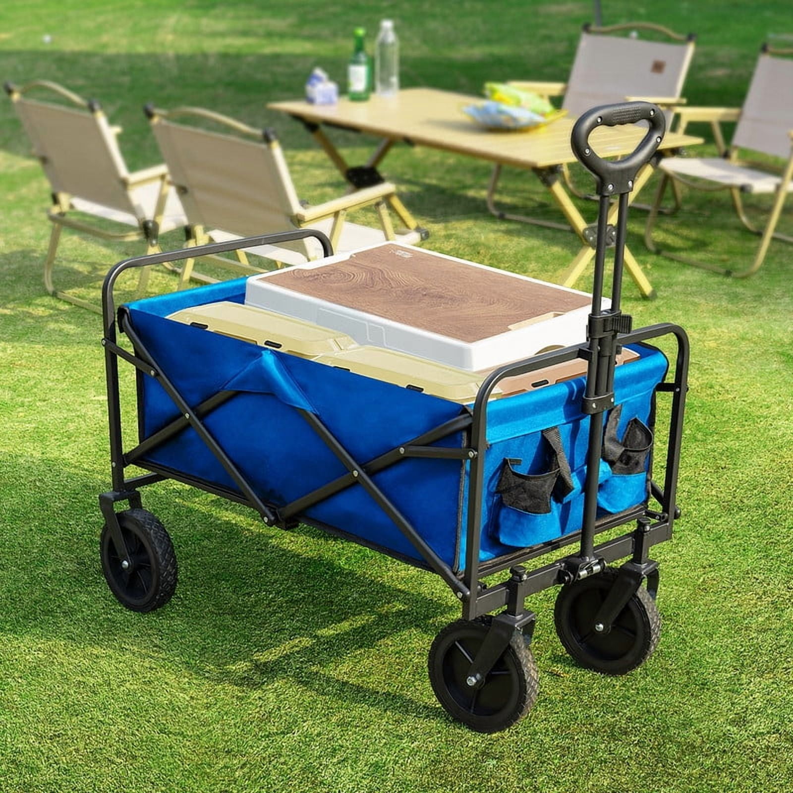 EDX Foldable Utility Cart, Small Capacity Shopping Wagon Cart with Drink Holders for Outdoors, Dimension 29.13"D X 18.5"W X 26.57"H, Blue-2