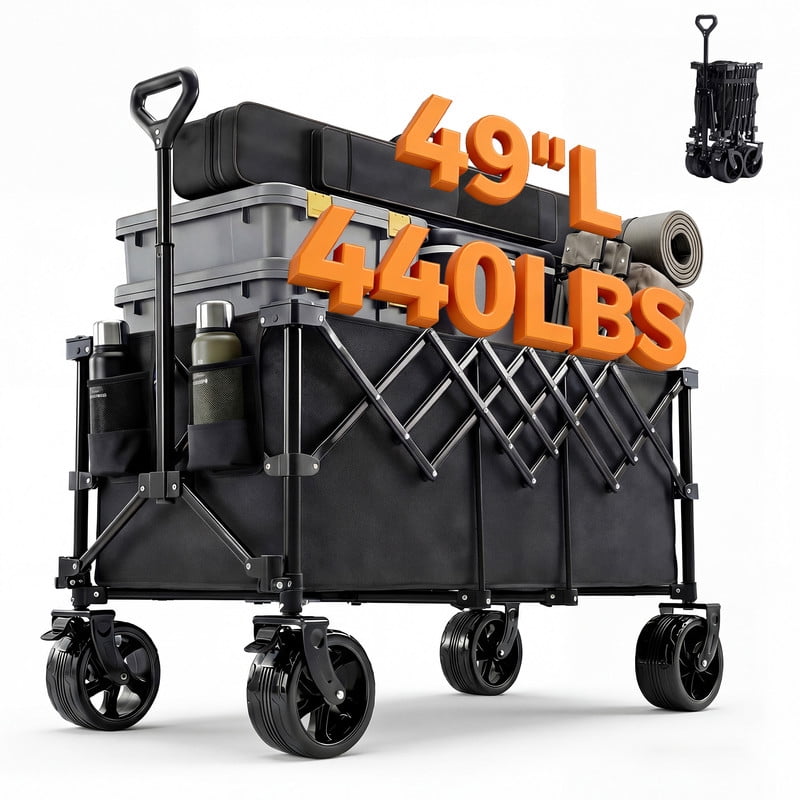 Gianna Foldable Wagon Cart, 440lbs Capacity heavy-duty steel frame，Large-capacity gardening cart，All-terrain tires for camping