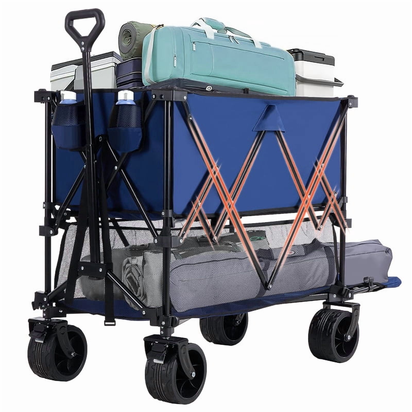 Gianna Folding Double Decker Wagon with Brakes, 54" Extra Long Extended Cart, Equipped with 7" All-Terrain Big Wheels for Camping, Sports，Blue
