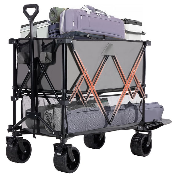 Gianna Folding Double Decker Wagon with Brakes, 54" Extra Long Extended Cart, Equipped with 7" All-Terrain Big Wheels for Camping, Sports,Gray