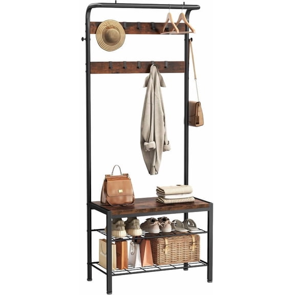 Gianna Hall Tree with Shoe Bench and Coat Rack, Entryway Bench with Shoe Storage and Hooks, 4-in-1 Coat and Shoe Rack for Entryway, Mudroom Storage Organizer with Shelves,Brown