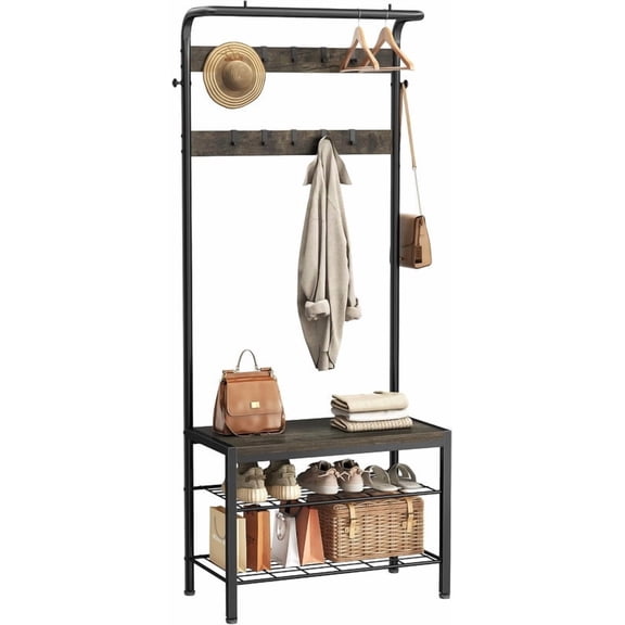 Gianna Hall Tree with Shoe Bench and Coat Rack, Entryway Bench with Shoe Storage and Hooks, 4-in-1 Coat and Shoe Rack for Entryway, Mudroom Storage Organizer with Shelves，Gray