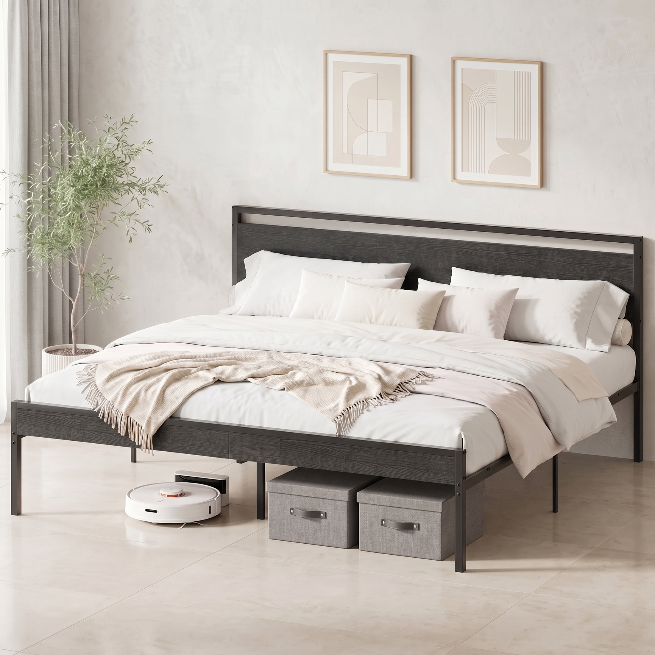 Gianna Heavy Duty King Size Metal Platform Bed, No Box Spring Required with Headboard and Footboard, Mattress Foundation, Black