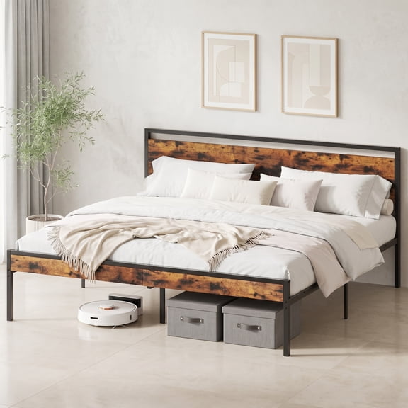 Gianna Heavy Duty King Size Metal Platform Bed, No Box Spring Required with Headboard and Footboard, Mattress Foundation, Rust