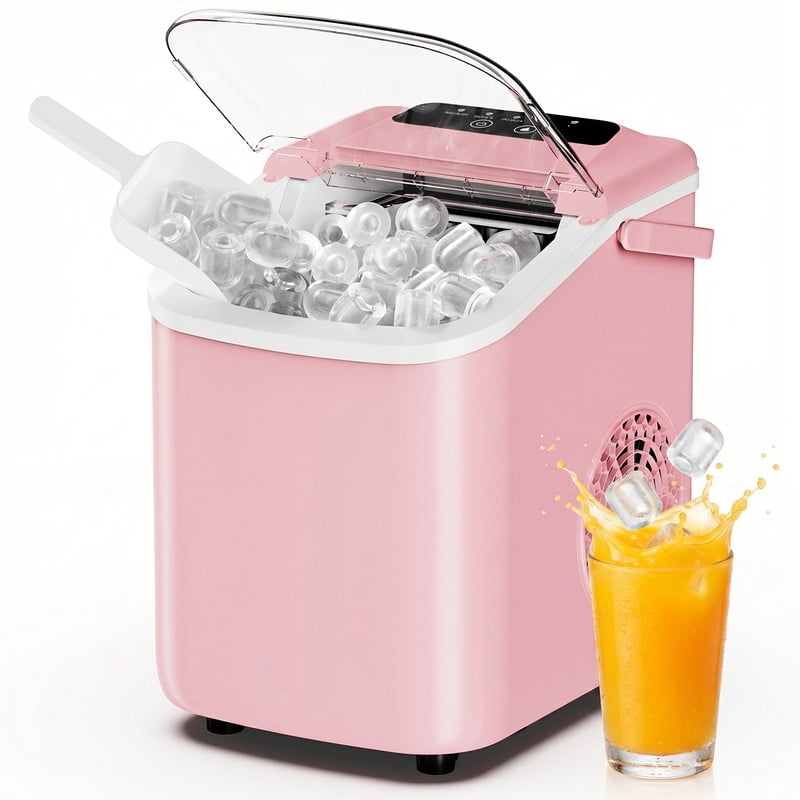 Gianna Ice Maker, Nugget Ice Makers Countertop, Portable Handle, 26lbs Daily, 9 Bullet Cubes in 6~8 Mins, Self-Cleaning with Basket and Scoop for Home，Kitchen，Pink