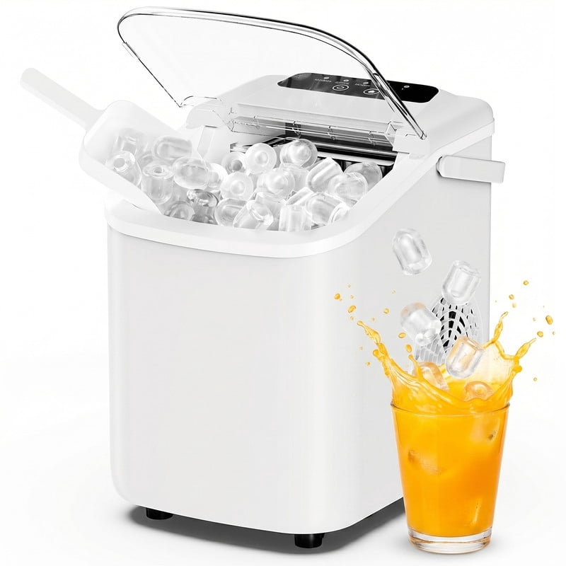 Gianna Ice Maker, Nugget Ice Makers Countertop, Portable Handle, 26lbs Daily, 9 Bullet Cubes in 6~8 Mins, Self-Cleaning with Basket and Scoop for Home，Kitchen，White