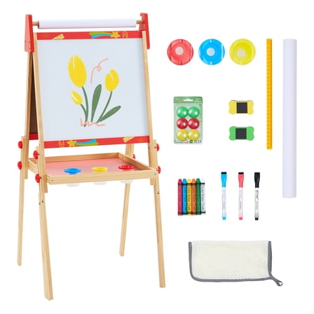 Gianna Kids Easel Set with Paper Roll, Adjustable Height Wooden Double-Sided Magnetic Chalkboard & Whiteboard Art Station for Girls and Boys，Red