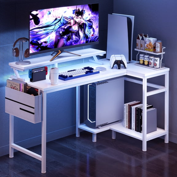 Gianna L-Shaped Gaming Desk with LED Lights, USB-C Charging and Monitor Stand