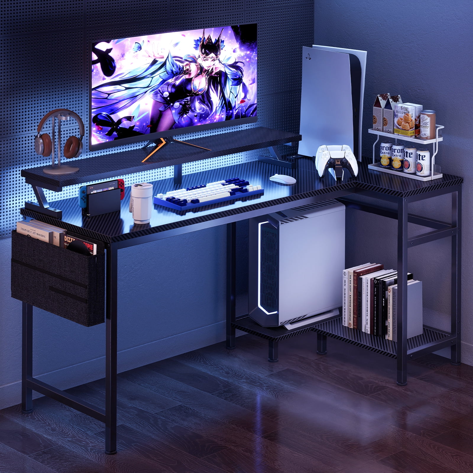 Gianna L-Shaped Gaming Desk with LED Lights, USB-C Charging and Monitor Stand