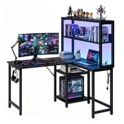 Gianna L-Shaped Gaming Desk with Power Outlets & RGB LED Lights, 53" Reversible Computer Table with Storage Shelves & Hooks   Black for Home Office