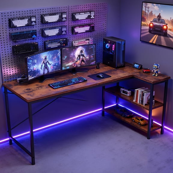 Gianna L-Shaped Home Office Computer Desk with Reversible Configuration, Built-in Charging Station, Storage Drawers, and Host Stand for Gaming or Work
