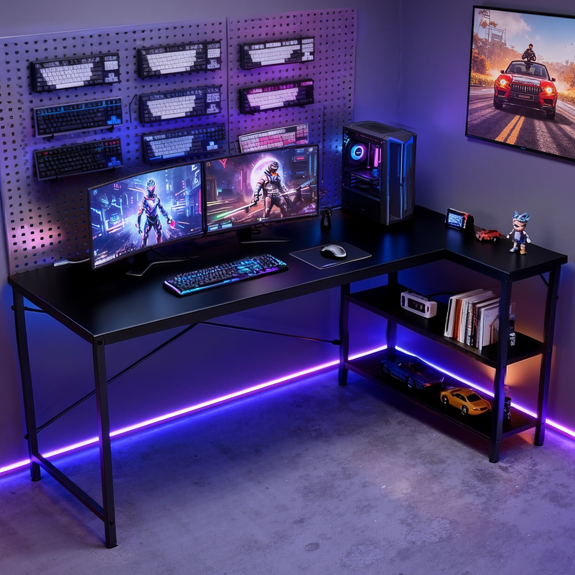 Gianna L-Shaped Home Office Computer Desk with Reversible Configuration, Built-in Charging Station, Storage Drawers, and Host Stand for Gaming or Work