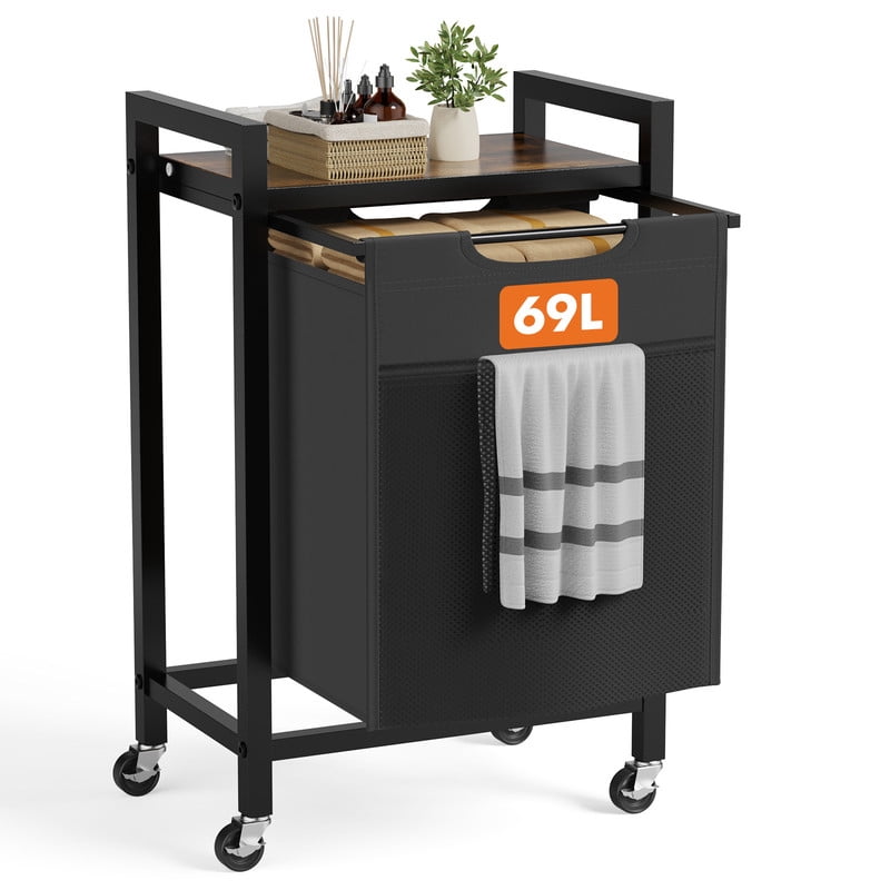Gianna Laundry Hamper with 1 Pull-Out Removable Sorter Bags, Movable Wheels, Freestanding Clothes Basket Organizer in Bathroom, 1 × 18.3Gal (69L) Capacity, Rustic Brown and Black