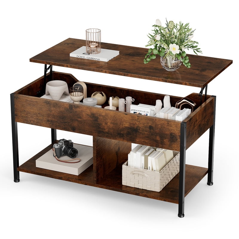 Gianna Lift Top Coffee Table with Storage 39" Center Table with Hidden Compartment & 2 Shelves Farmhouse, Wood Coffee Table for Living Room with Sturdy Lift-Top Adjustable Feet，Brown