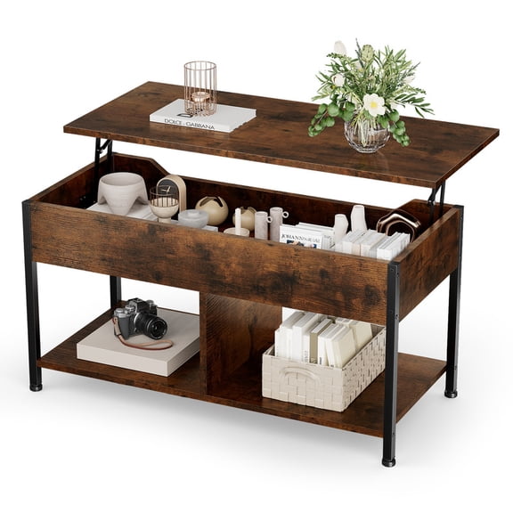 Gianna Lift Top Coffee Table with Storage 39" Center Table with Hidden Compartment & 2 Shelves Farmhouse, Wood Coffee Table for Living Room with Sturdy Lift-Top Adjustable Feet,Brown