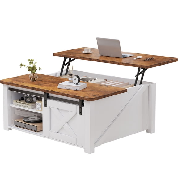 Gianna Lift Top Coffee Table with Large Hidden Storage, Adjustable Shelves, White-new