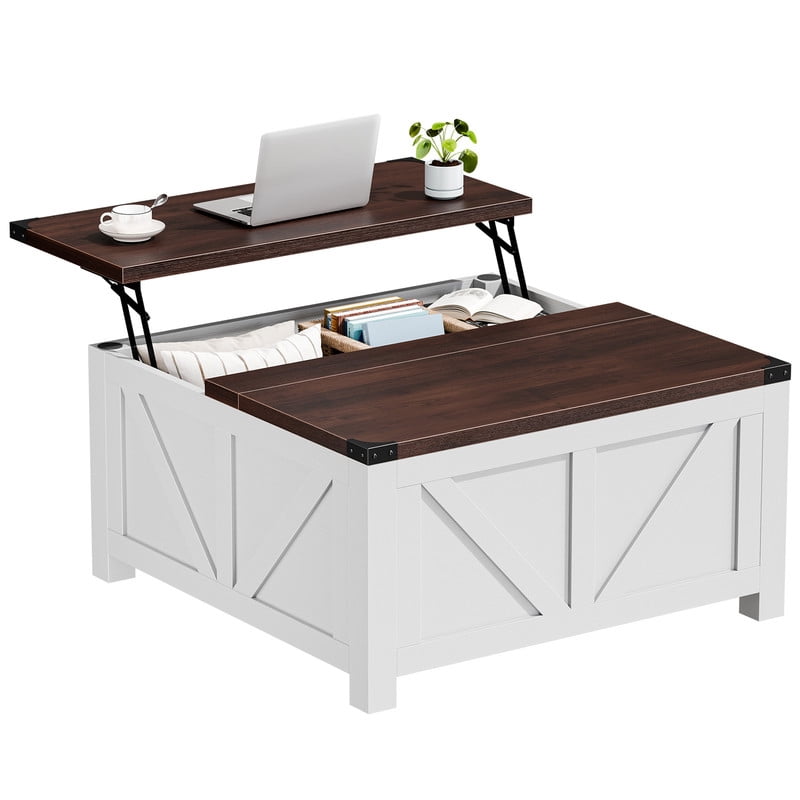 Gianna Lift Top Coffee Table with Storage and Charging Station, Square Center Table with USB Ports and Hidden Space for Living Room，White