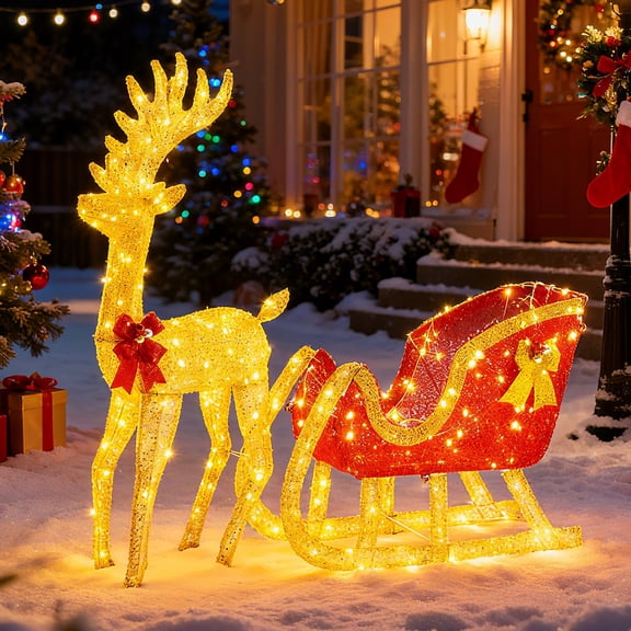 Gianna Lighted 4ft Reindeer and Sleigh Christmas Yard Decoration Set with 180 LED Lights, Stakes and Zip Ties, Gold