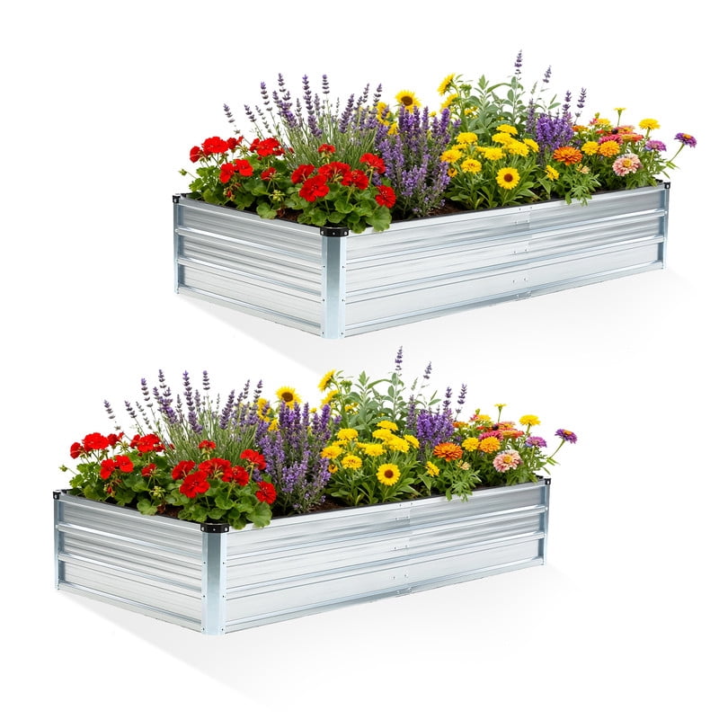 Gianna Metal Raised Garden Bed 2pcs Set, 6x3x1ft Outdoor Planter Box,Raised Garden Beds for Planting Plants Vegetables, Flowers, Silver