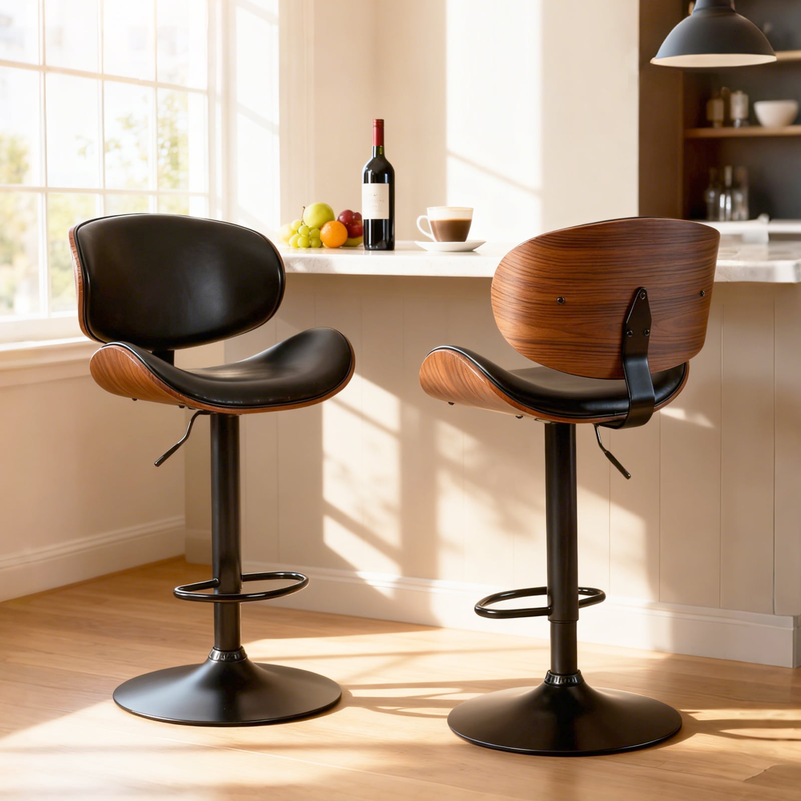 Gianna Modern Adjustable Swivel Bar Stool with Brown, PU Leather Upholstered Bentwood Design and Footrest for Kitchen Counter, Bar or Dining Room