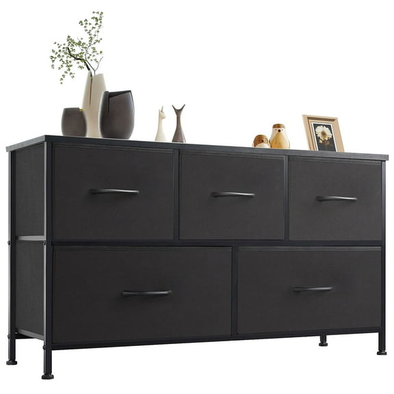JIOABL Modern Dresser with Fabric 5-Drawer, Metal Frame, Ideal for Bedroom Storage, Black