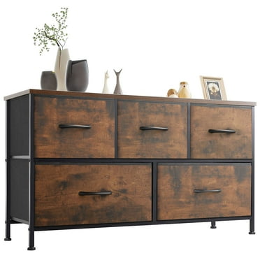 Gianna Modern Dresser with Fabric 5-Drawer, Metal Frame, Ideal for Bedroom Storage,  Rustic Brown