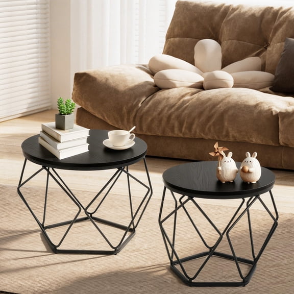Gianna Modern Geometric Coffee Table Set of 2, Round Nesting Side Tables with Hidden Storage, Movable End Tables for Living Room Decor & Practical Useļ¼Black