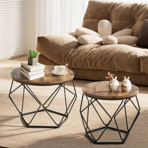 Gianna Modern Geometric Coffee Table Set of 2, Round Nesting Side Tables with Hidden Storage, Movable End Tables for Living Room Decor & Practical Use，Brown