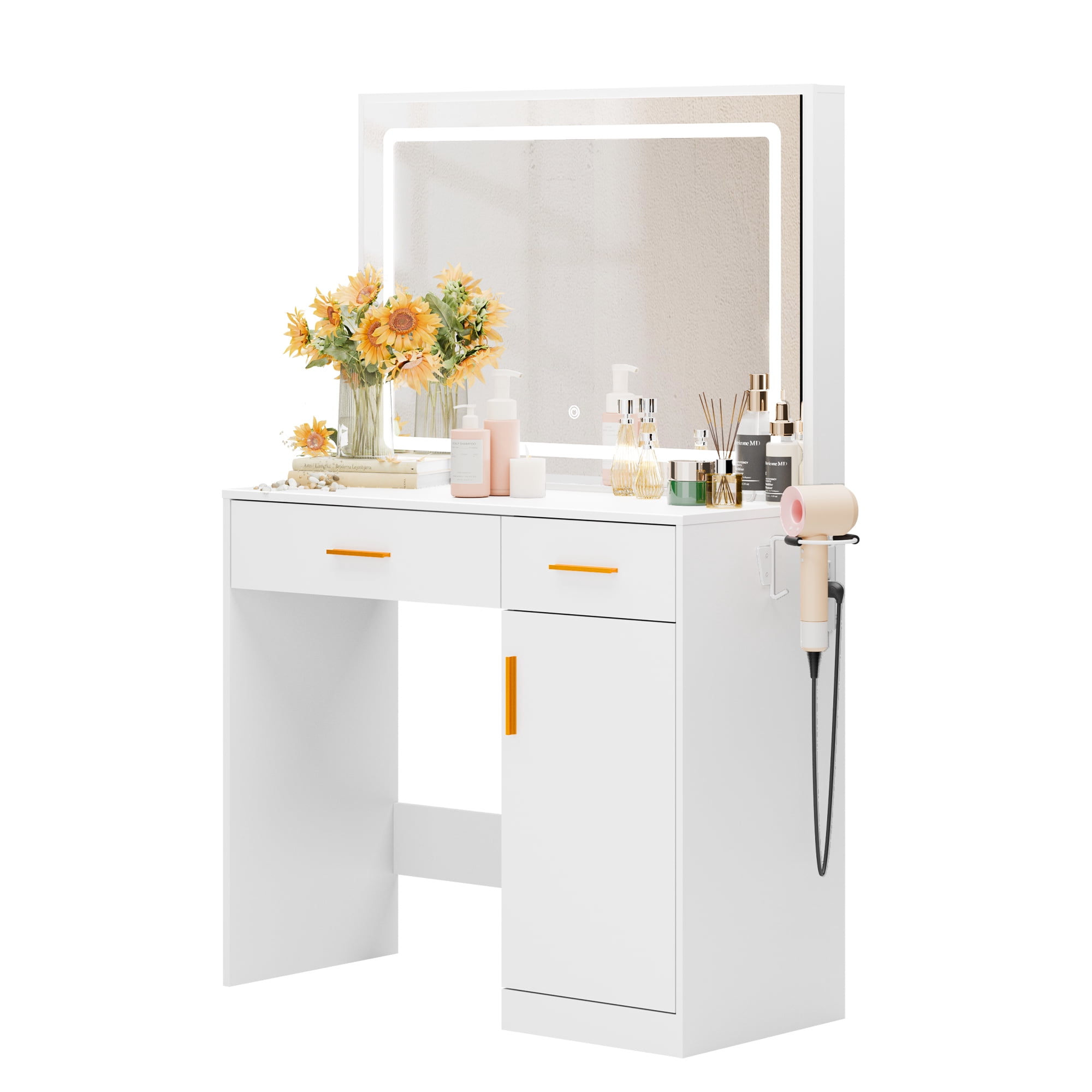 Gianna Modern Vanity Desk with 35" LED Mirror, 2 Drawers and 1 Cabinet, Adjustable Lighting, Dual AC Outlets, USB-A and Type-C Ports, White