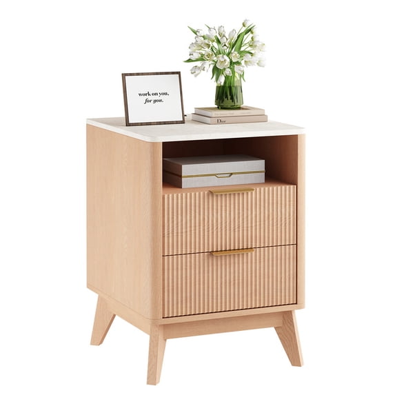 Gianna Nightstand with Charging Station, Faux Marble Top Bedside Table with 2 Drawers and Open Shelf for Bedroom, Living Room, Wood