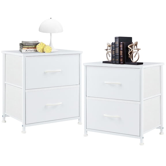 EDX Nigtstand for Bedroom, Tall Chest Organizer with Fabric Bins, Steel Frame, White, Set of 2