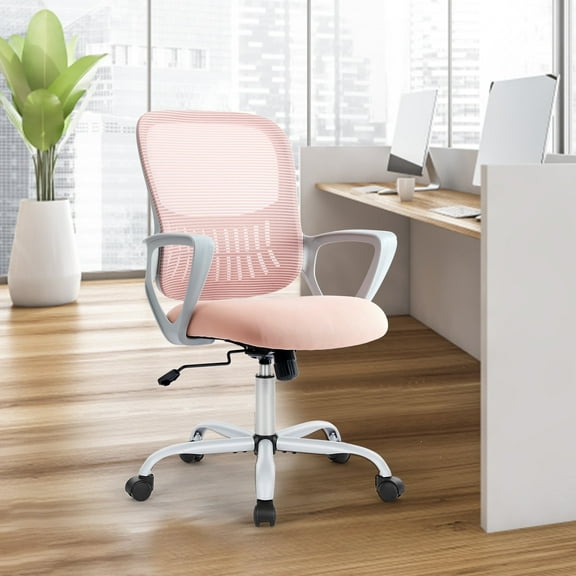 JOINSUN Ergonomic Mesh Office Chair with Armrests, Wheels, Mid-Back, Lumbar Support for Home, Pink