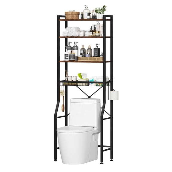 Gianna Over Toilet Bathroom Organizer, 4-Tier Adjustable Storage Rack, Space-Saving Shelf for Tight Areas, Brown