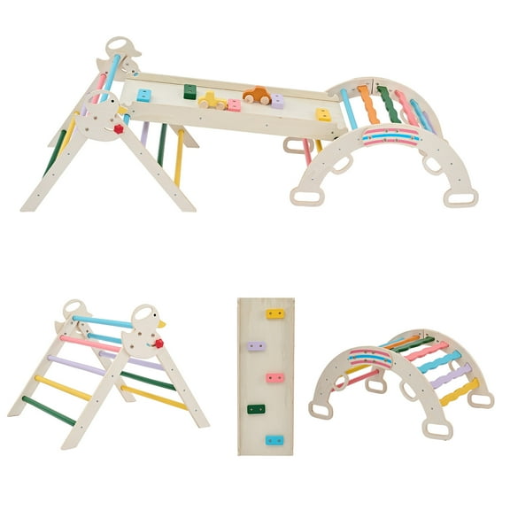 Gianna Pikler Triangle Set, Toddler Climbing Toys and Play Structure Indoor, 9-in-1 Wooden Montessori Climbing Set with Arch, Ramp and Ladder, Foldable Baby Jungle Gym, Rainbow